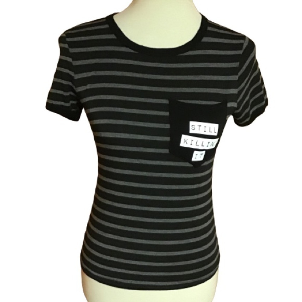 Rue21 Black and Gray "STILL KILLIN IT" Striped Short Sleeve Tee with Pocket